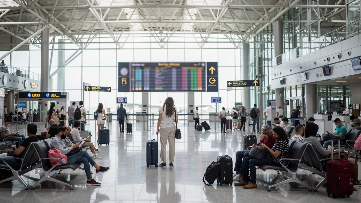 Uluslararası bir havalimanının (örneğin Sabiha Gökçen) hareketli giden yolcu salonunda, çeşitli milletlerden insanlar bavullarıyla yürüyor. Ortada, bir çift terminal tabelasına bakıyor, diğerleri banklarda telefonlarıyla meşgul. Günün ortası, doğal aydınlatma.