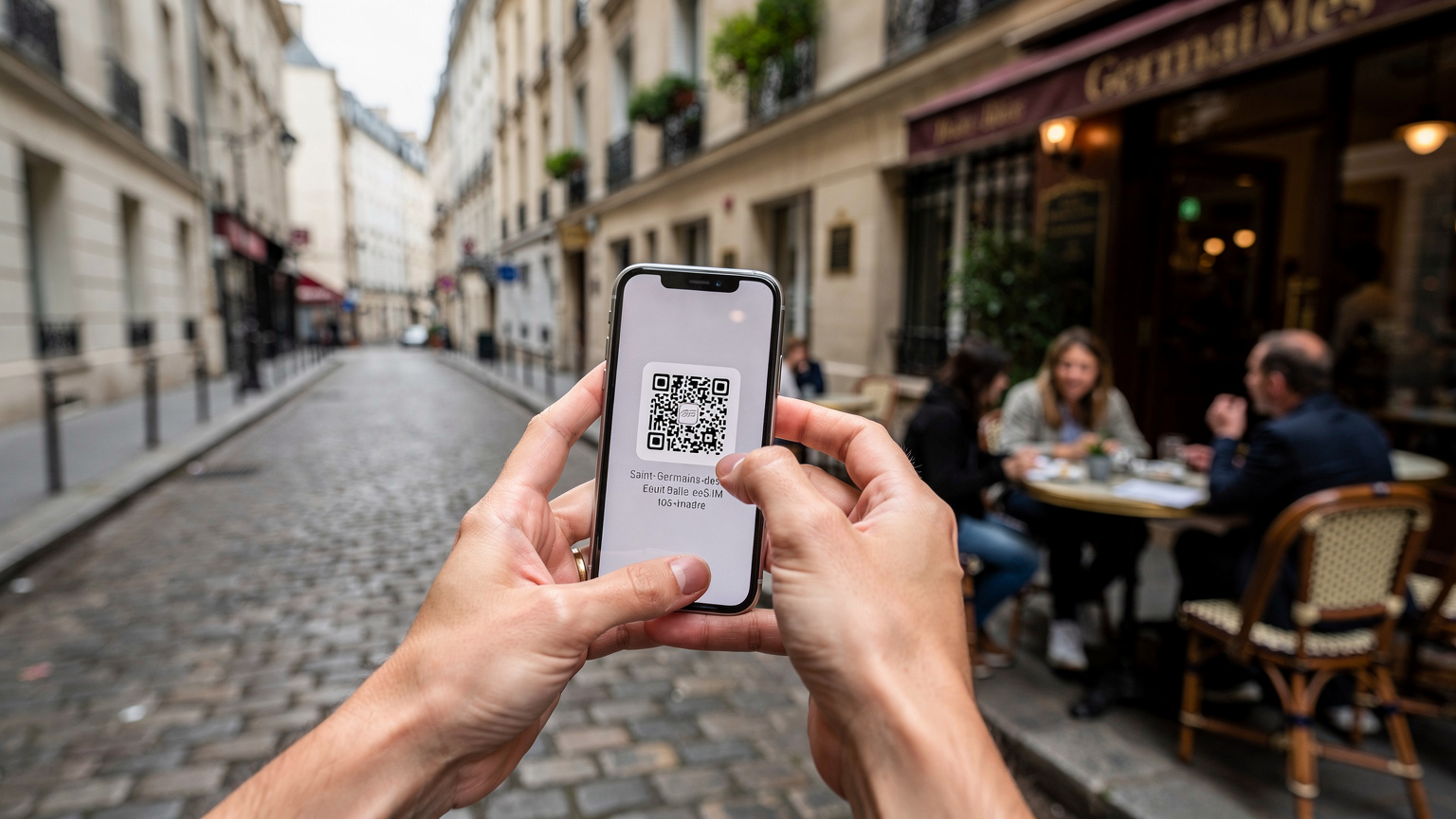 Paris'in Saint-Germain-des-Prés bölgesindeki dar, taşlı bir sokakta, bir kişinin elinde telefonla eSIM QR kodunu tararken çekilmiş bir fotoğraf. Arka planda tarihi binalar ve bir Fransız kafesinin dış cephesi görünüyor.