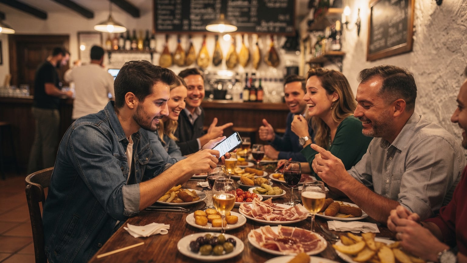 Canlı ve kalabalık bir İspanyol tapas barında, bir masada oturan arkadaş grubu, gürültülü sohbetlerin ortasında, bir kişinin telefonunda bir uygulamayı gösterdiği anın sıcak ve davetkar bir fotoğrafı.