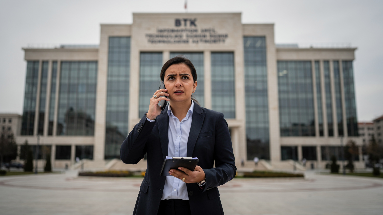 Ankara'daki BTK binasının önünde duran, resmi giyimli bir gazeteci veya analist, elinde not defteriyle telefonda konuşurken ciddi bir ifade taşıyor. Gri gökyüzü ve binanın modern mimarisi arka planda.
