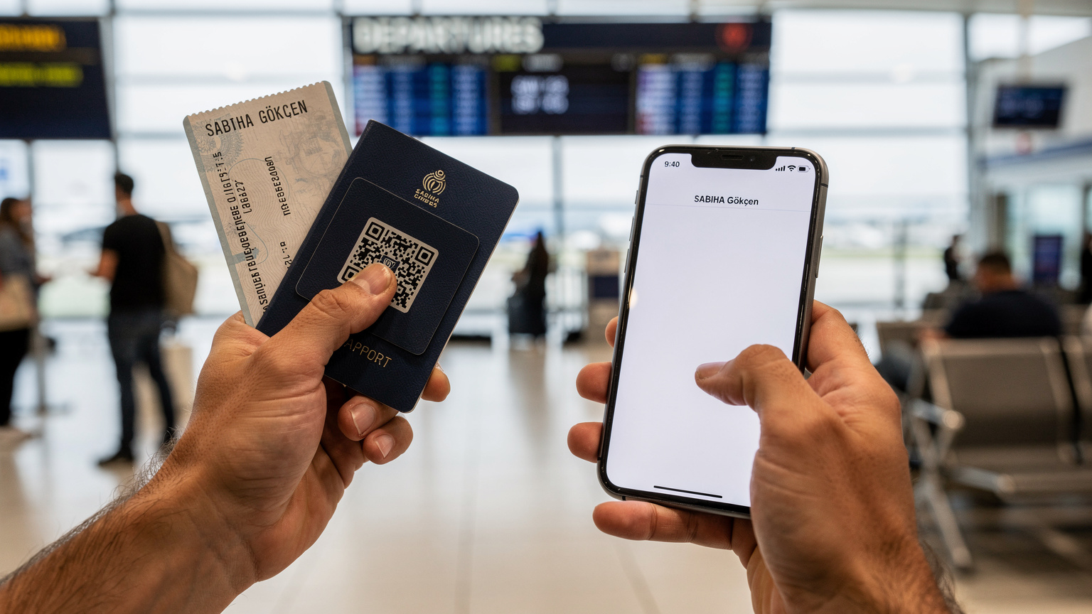 Sabiha Gökçen Havalimanı dış hatlar terminalinde, pasaport ve biniş kartını tutan bir elin, diğer eliyle bir iPhone'da eSIM QR kodunu tarama anını gösteren yakın çekim.