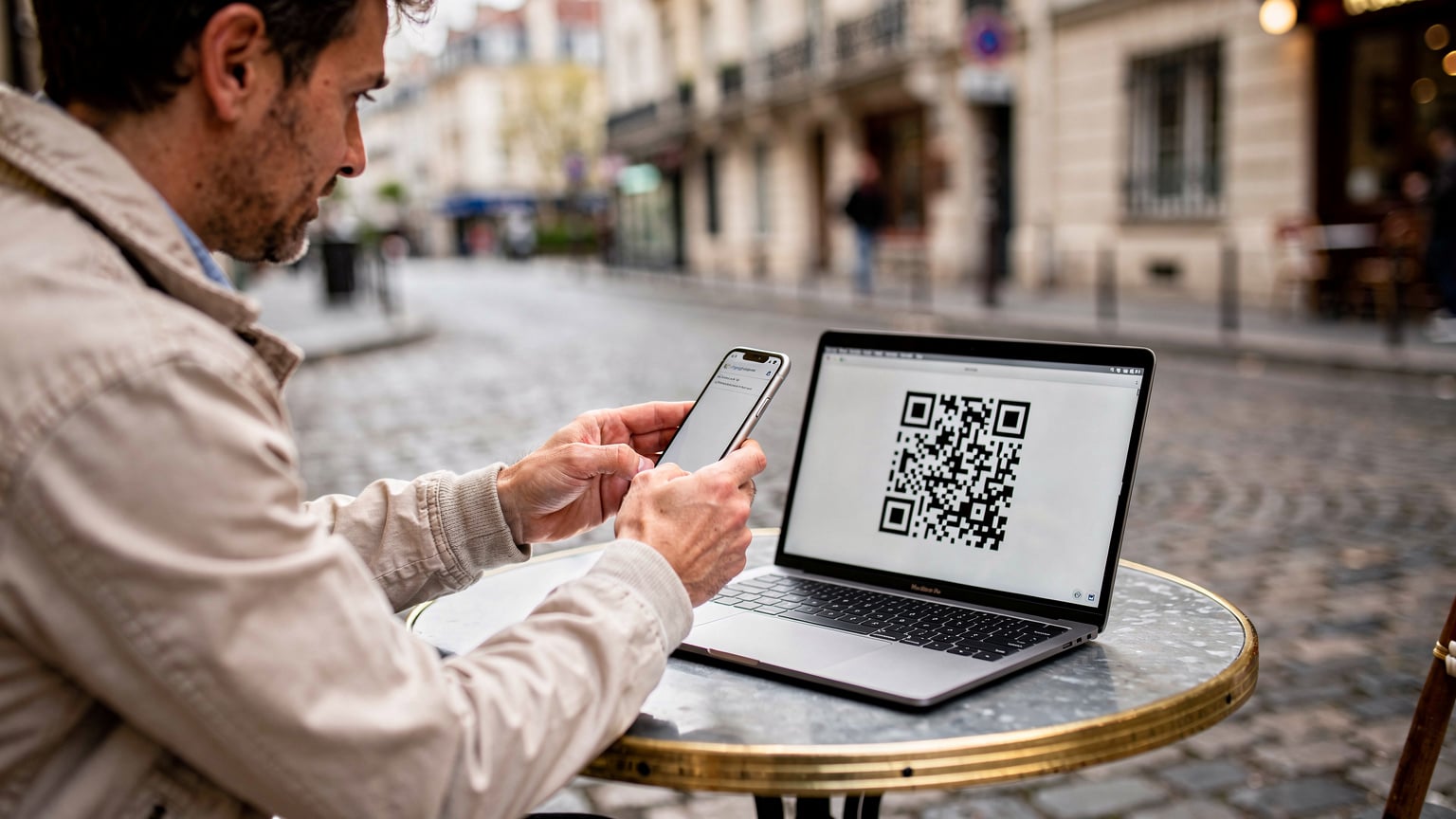 A person sitting at an outdoor cafe in Montmartre, Paris, with a laptop open displaying a QR code, and their smartphone held up to scan the code to activate an eSIM. A half-eaten croissant and a coffee cup are on the table.