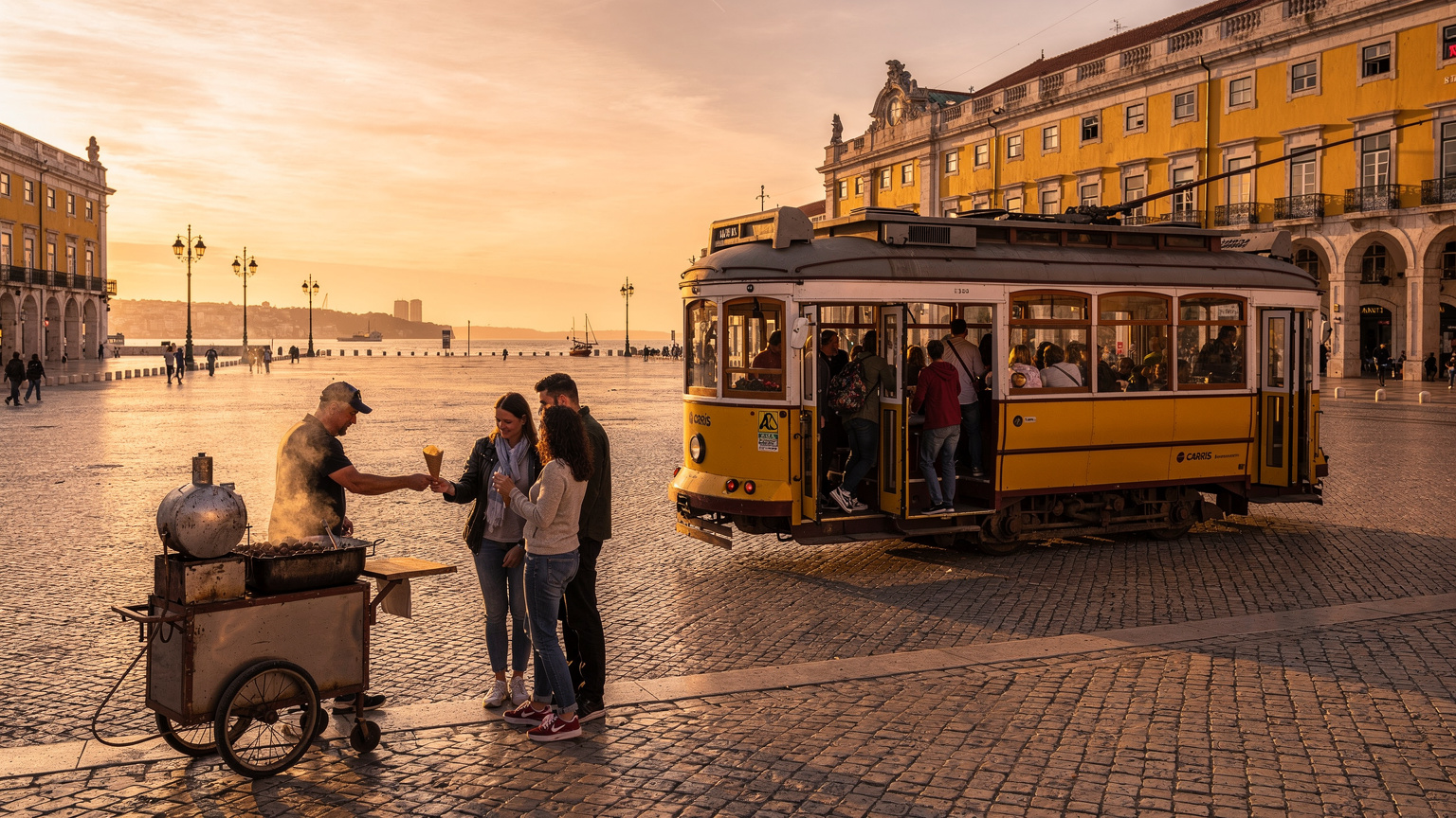 Praça do Comércio em Lisboa ao entardecer, com elétrico amarelo e passageiros a entrar