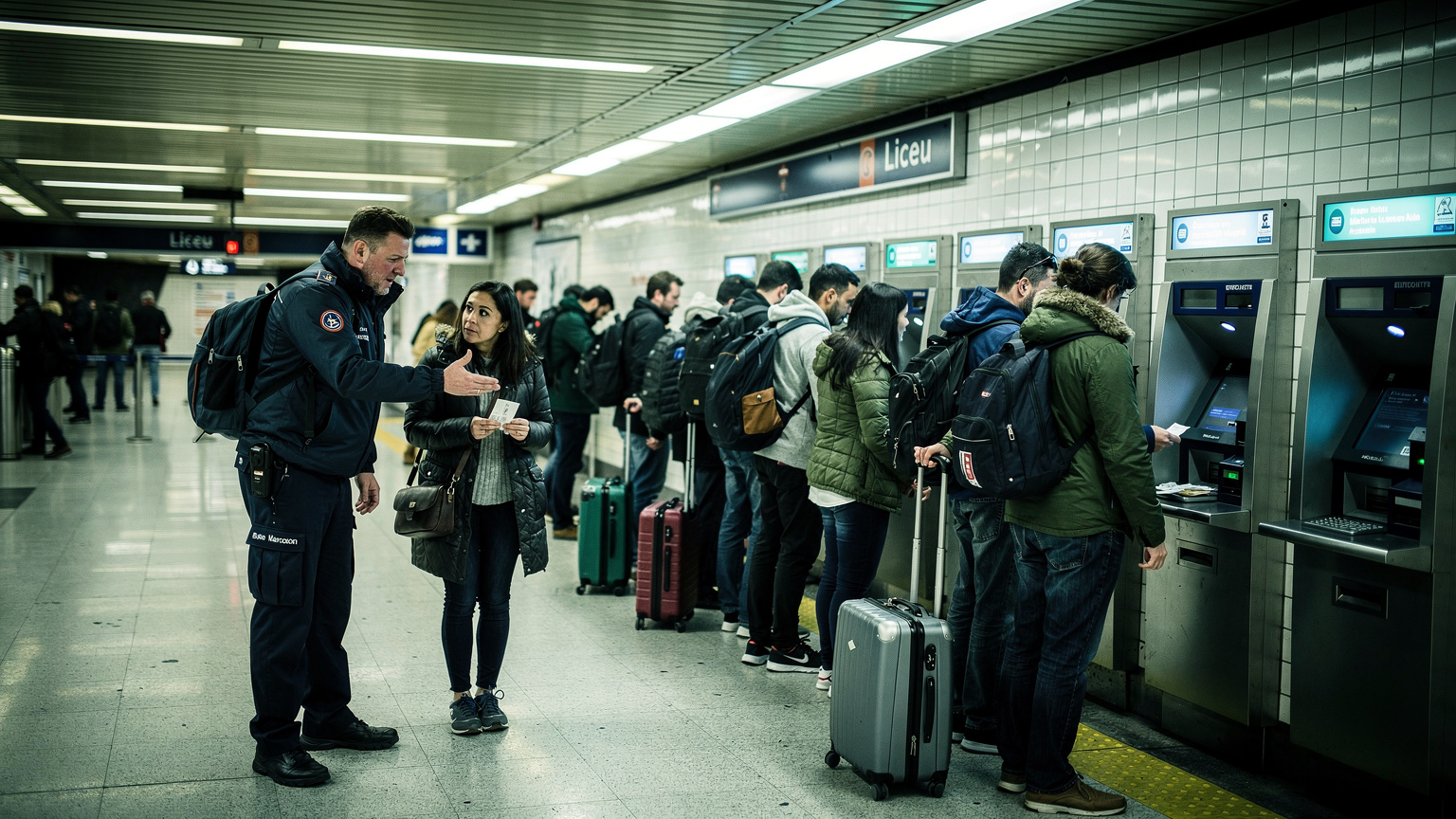 Bilheteira do metro de Barcelona com fila de turistas e um cartaz de horários em espanhol