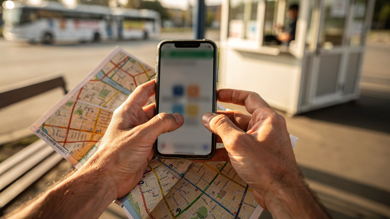 Ruce cestovatele držící telefon nad mapou u autobusového nádraží v Kišiněvě