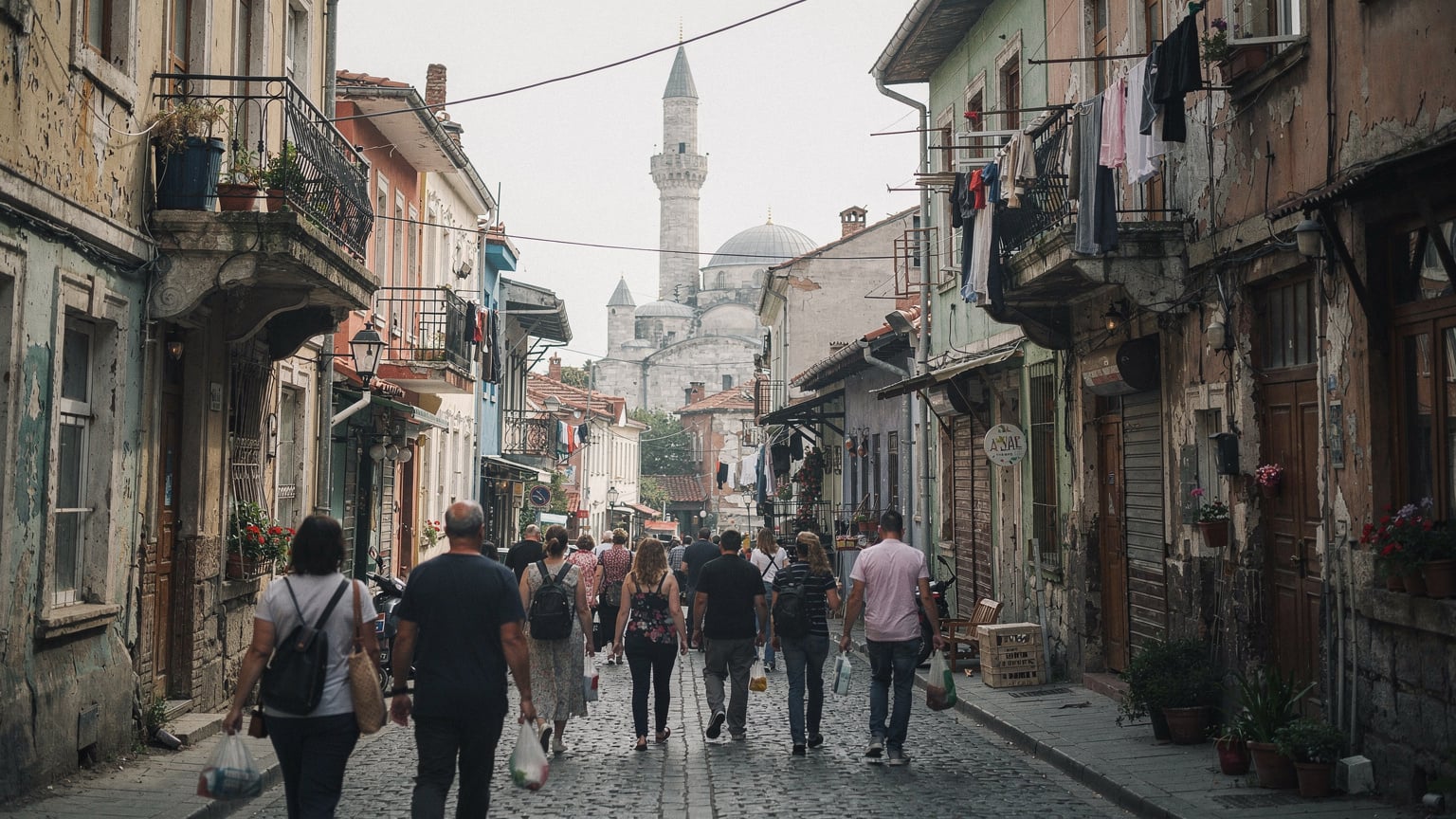 İstanbul'un tarihi sokaklarından birinde, dar bir geçitten yürüyen insanlar. Hava hafif rüzgarlı ve bulutlu.