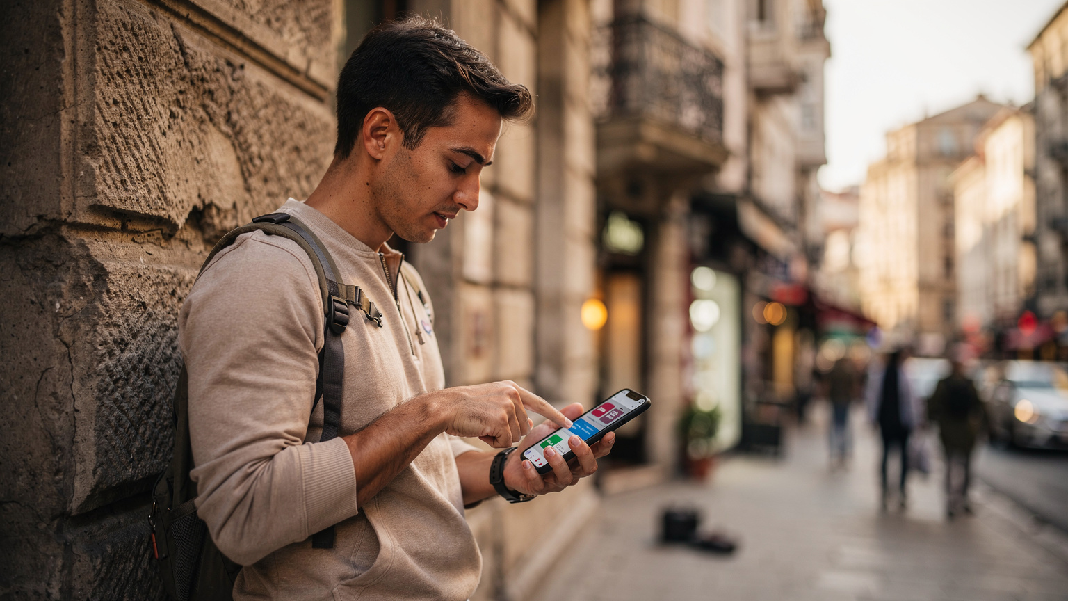 İstanbul'un hareketli bir sokağında, bir seyahat blog yazarının telefonunda Cellesim uygulamasındaki eSIM veri paketlerini karşılaştırdığını gösteren dikey bir fotoğraf.