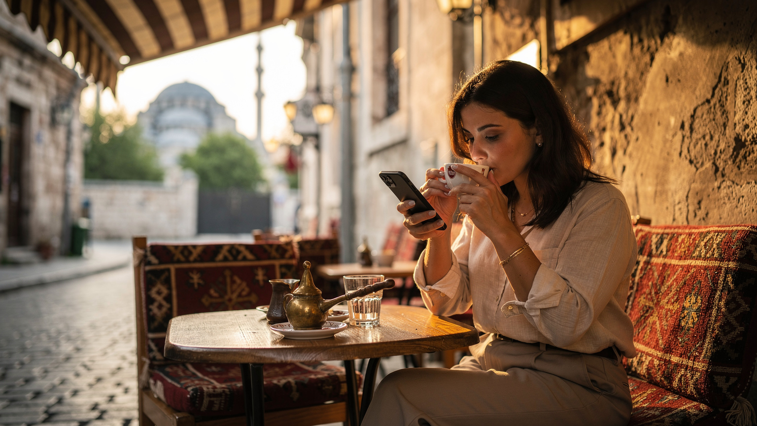 İstanbul'un Tarihi Yarımada'sında, Sultanahmet Camii'ne bakan bir kafede, genç bir kadının kahvesini yudumlarken akıllı telefonunda eSIM ayarlarını kontrol ettiğini gösteren bir fotoğraf.