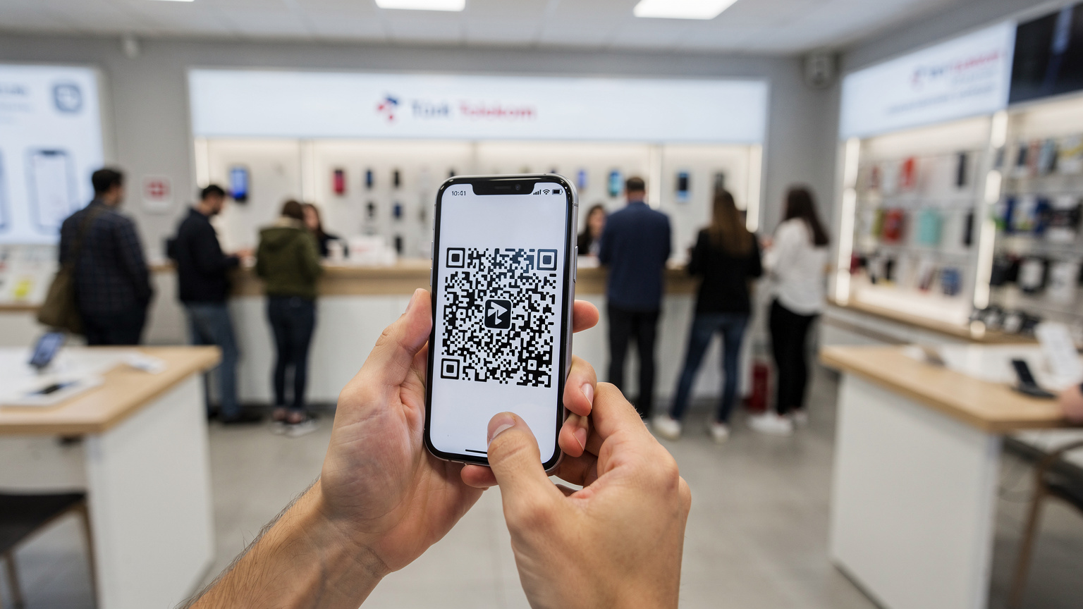 Türk Telekom mağazasında sıra bekleyen bir kişinin, akıllı telefon ekranında QR kodunu gösterdiği anı yansıtan bir görsel.