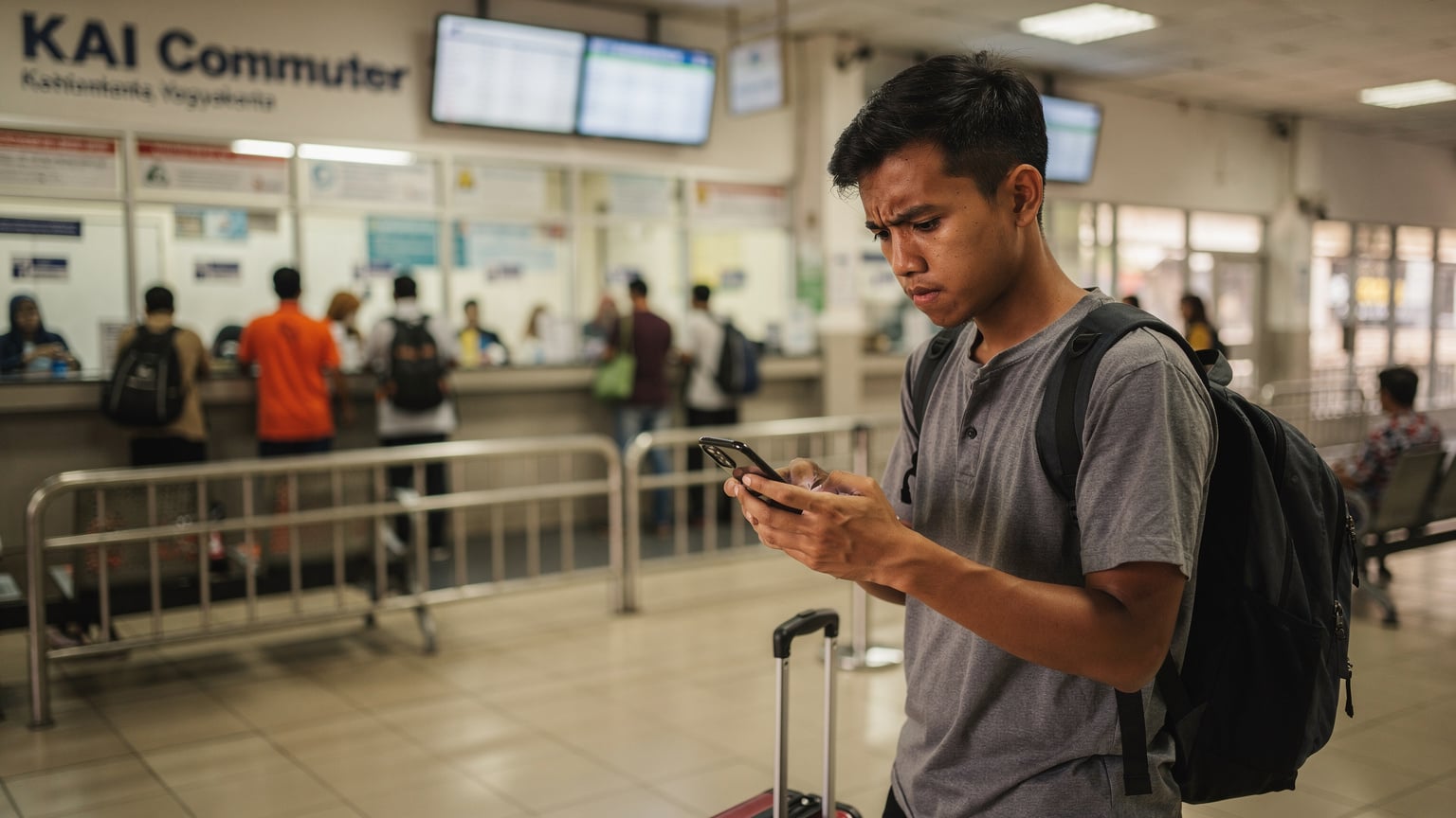 A traveler standing slightly frustrated at a ticket counter inside a crowded KAI Commuter train station in Yogyakarta, Indonesia, looking at a phone screen that displays a 'No Service' message, with warm interior lighting.