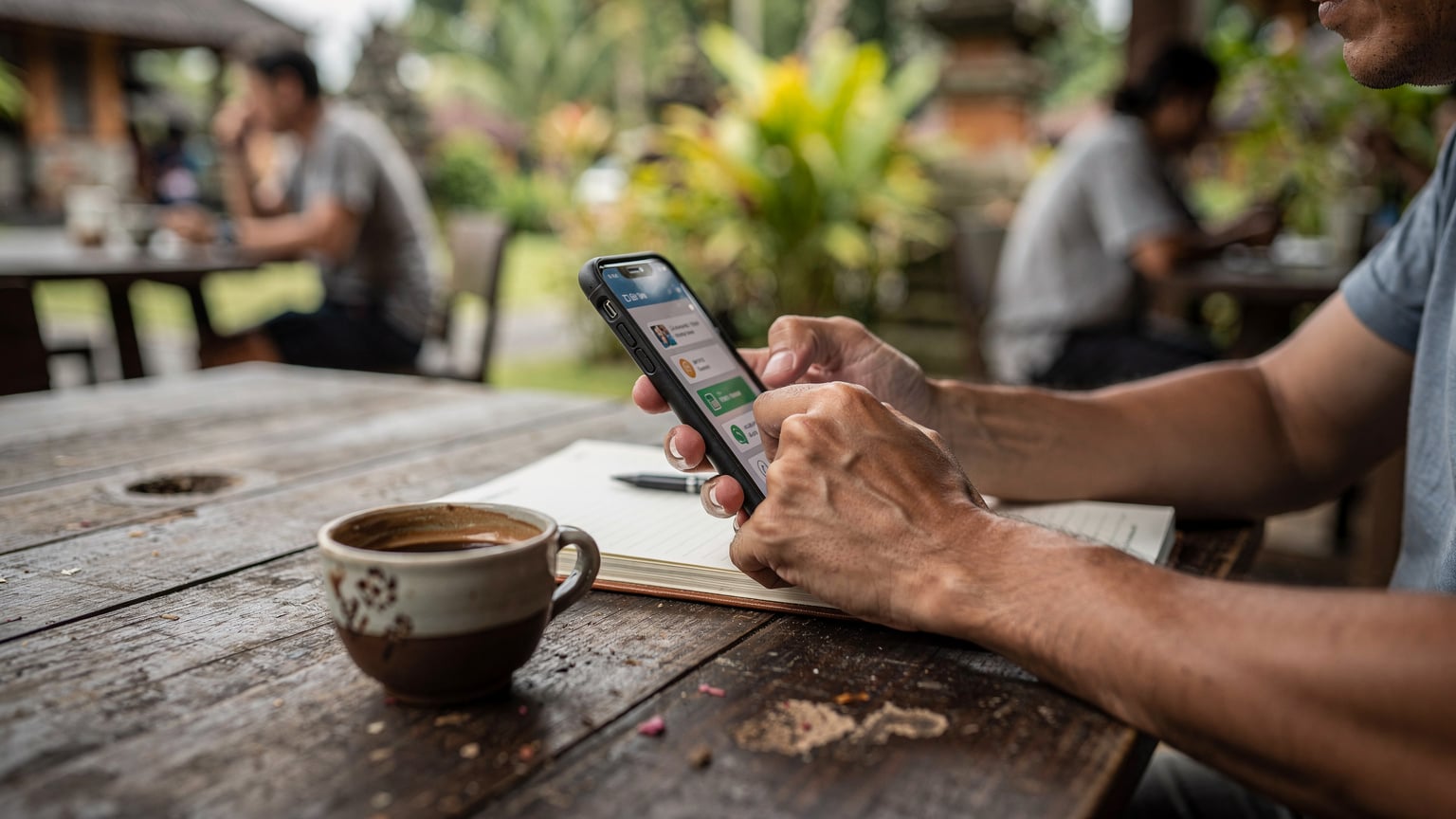 A traveler intently comparing different eSIM plans on their phone screen, while seated at a rustic wooden table in a bustling cafe in Ubud, Bali, during a soft, overcast morning.