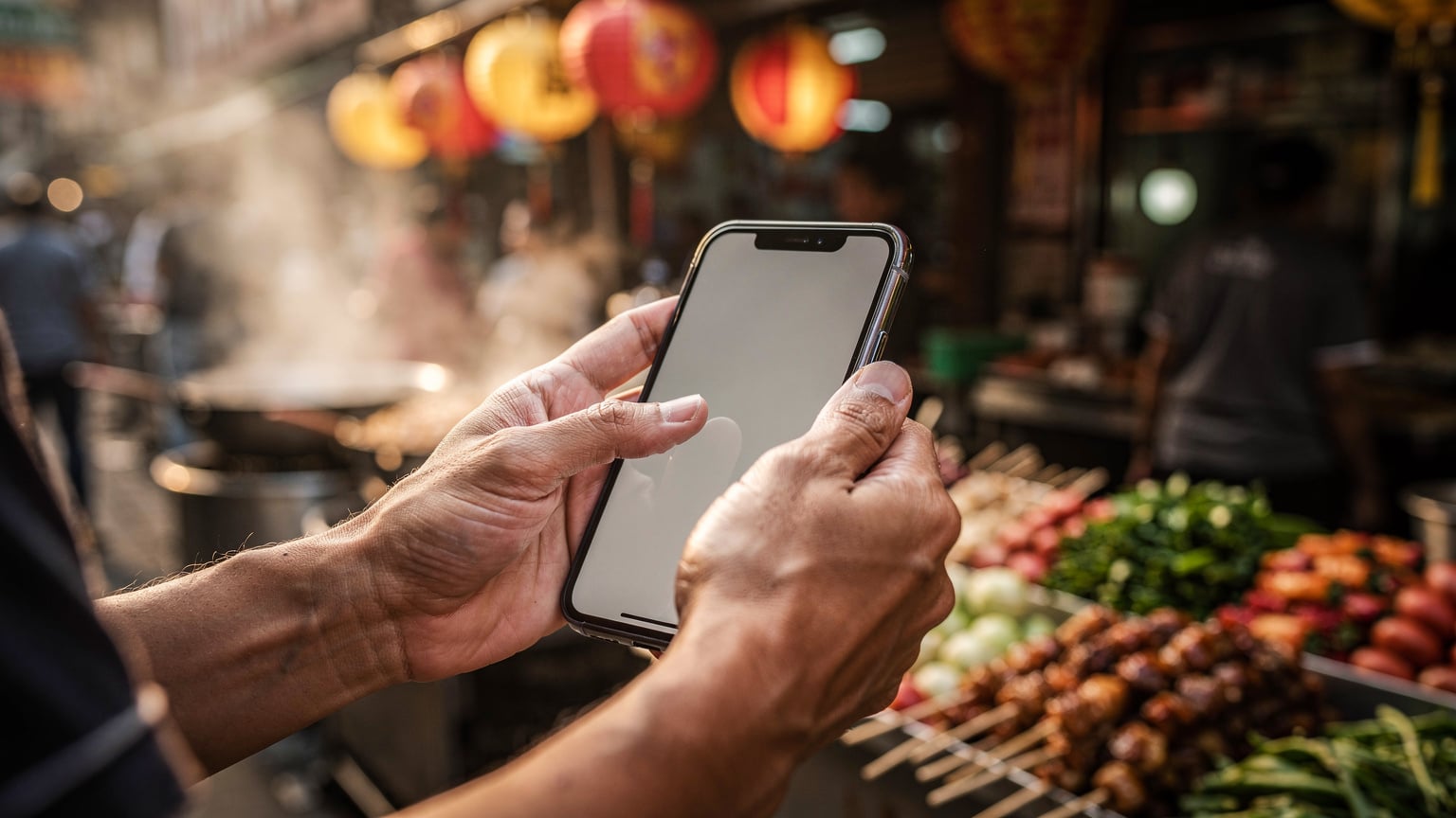 Close-up of human hands holding a smartphone, with a blurred backdrop of a bustling street food stall in Jakarta's Glodok Chinatown, showing the act of scanning a QR code for an eSIM.
