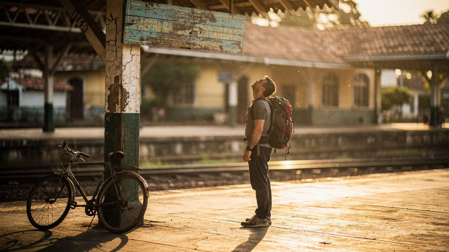 Andén de la estación de tren de Asunción, viajero con mochila mirando un cartel manual, tarde dorada
