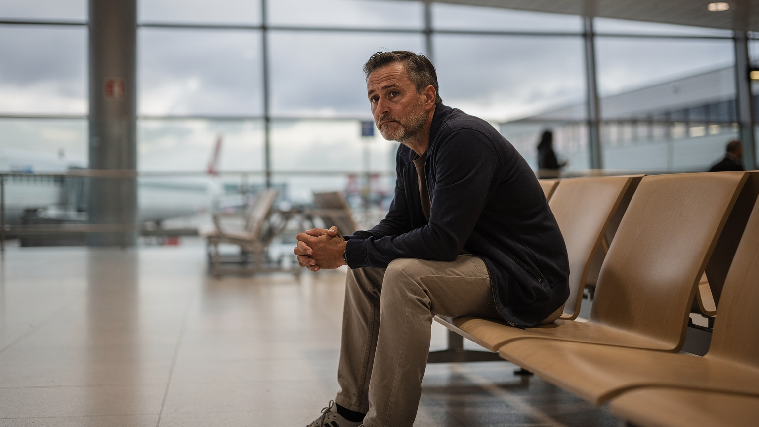 Un uomo siede pensieroso su una panchina di legno nella sala d'attesa di un aeroporto moderno e silenzioso, con un leggero bagliore di luce proveniente dalle finestre in lontananza.