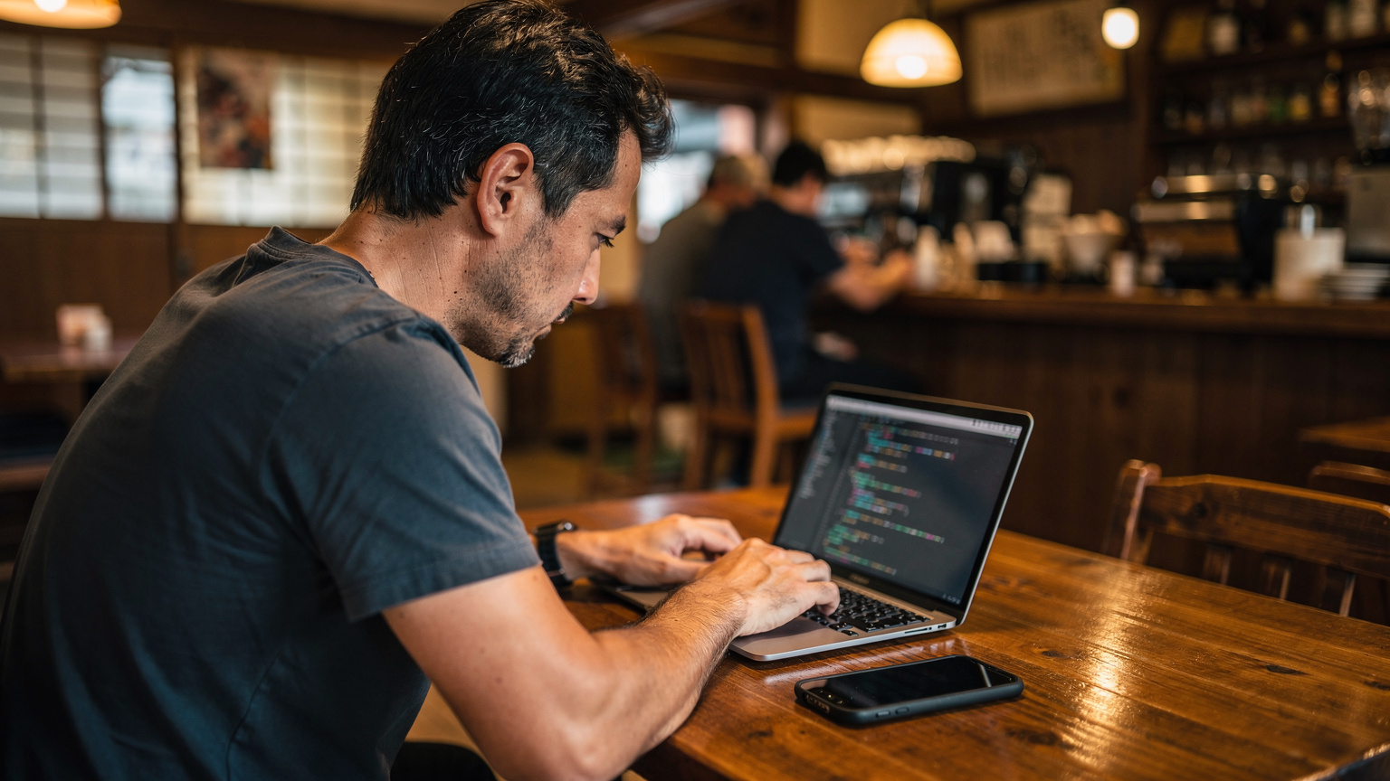 Un uomo è seduto a un tavolo di legno scuro in un caffè affollato di Tokyo, con un laptop e uno smartphone aperti, concentrato sul suo lavoro.