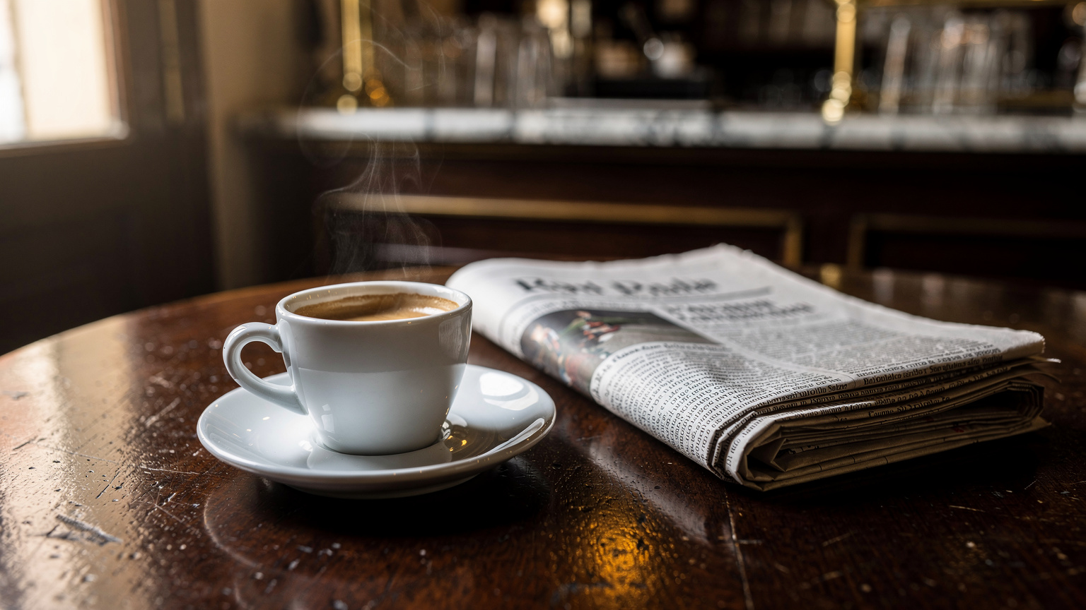 Una tazza di caffè espresso fumante e un giornale quotidiano adagiati su un tavolo di legno scuro, in un bar tradizionale italiano nel cuore di Brera, Milano.