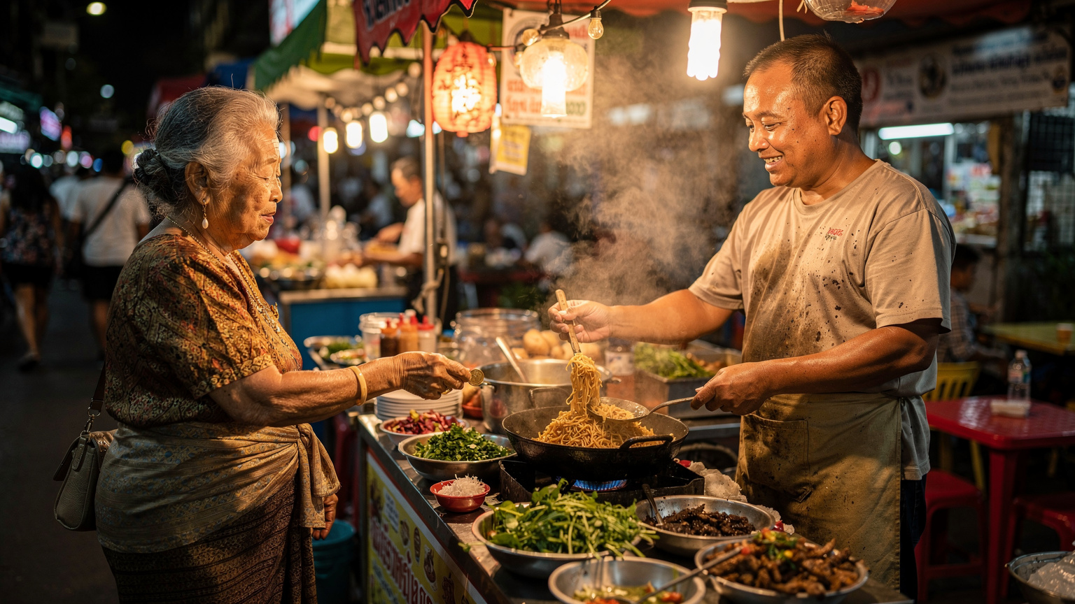 Una donna anziana asiatica paga con una moneta un vivace venditore di cibo da strada che prepara noodles in un mercato notturno affollato a Bangkok, Thailandia.