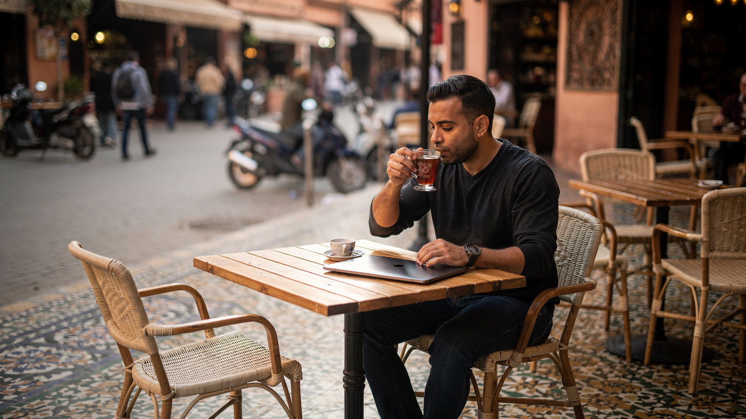 Terrasse de café dans le quartier Gueliz à Marrakech, un homme boit un thé à la menthe, ordinateur portable fermé sur la table