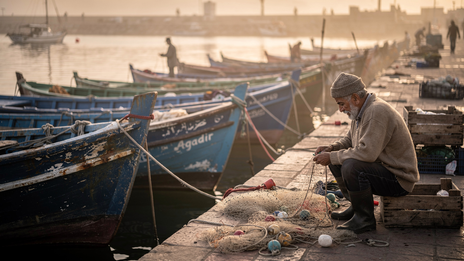 Port de pêche d'Agadir au petit matin, barques bleues alignées, un pêcheur prépare ses filets, lumière dorée