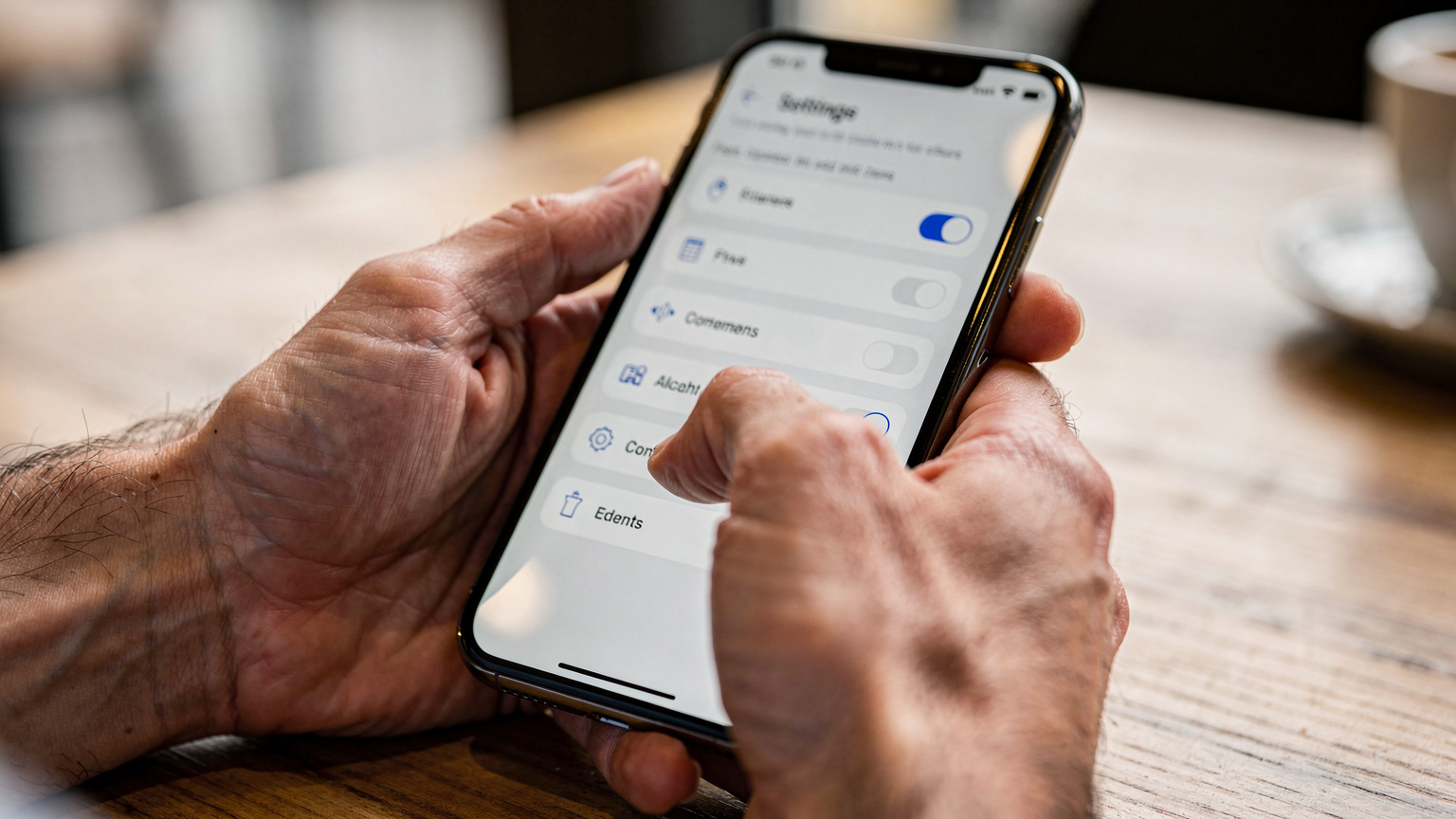 Nahaufnahme von Händen, die ein modernes Smartphone halten, wobei der Daumen über den Einstellungen-Bildschirm streicht, der die Option zum Hinzufügen eines Mobilfunktarifs anzeigt, ohne dass UI-Text lesbar ist.