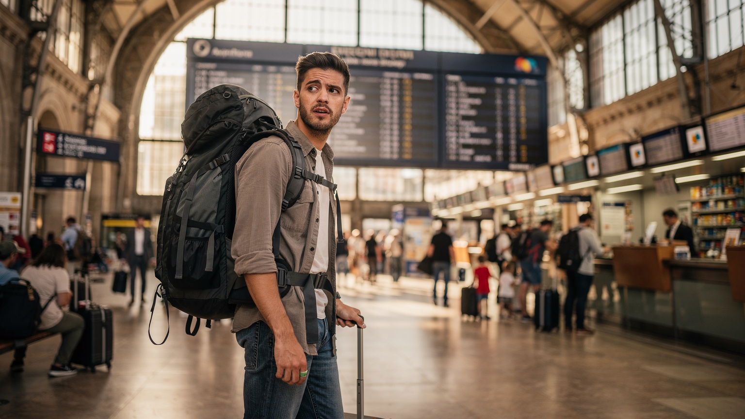 Ein junger Mann mit Rucksack steht an einem Bahnschalter in einem belebten europäischen Hauptbahnhof, prüft die Fahrpläne und sucht nach einem SIM-Karten-Shop vor der Abfahrt seines Zuges.