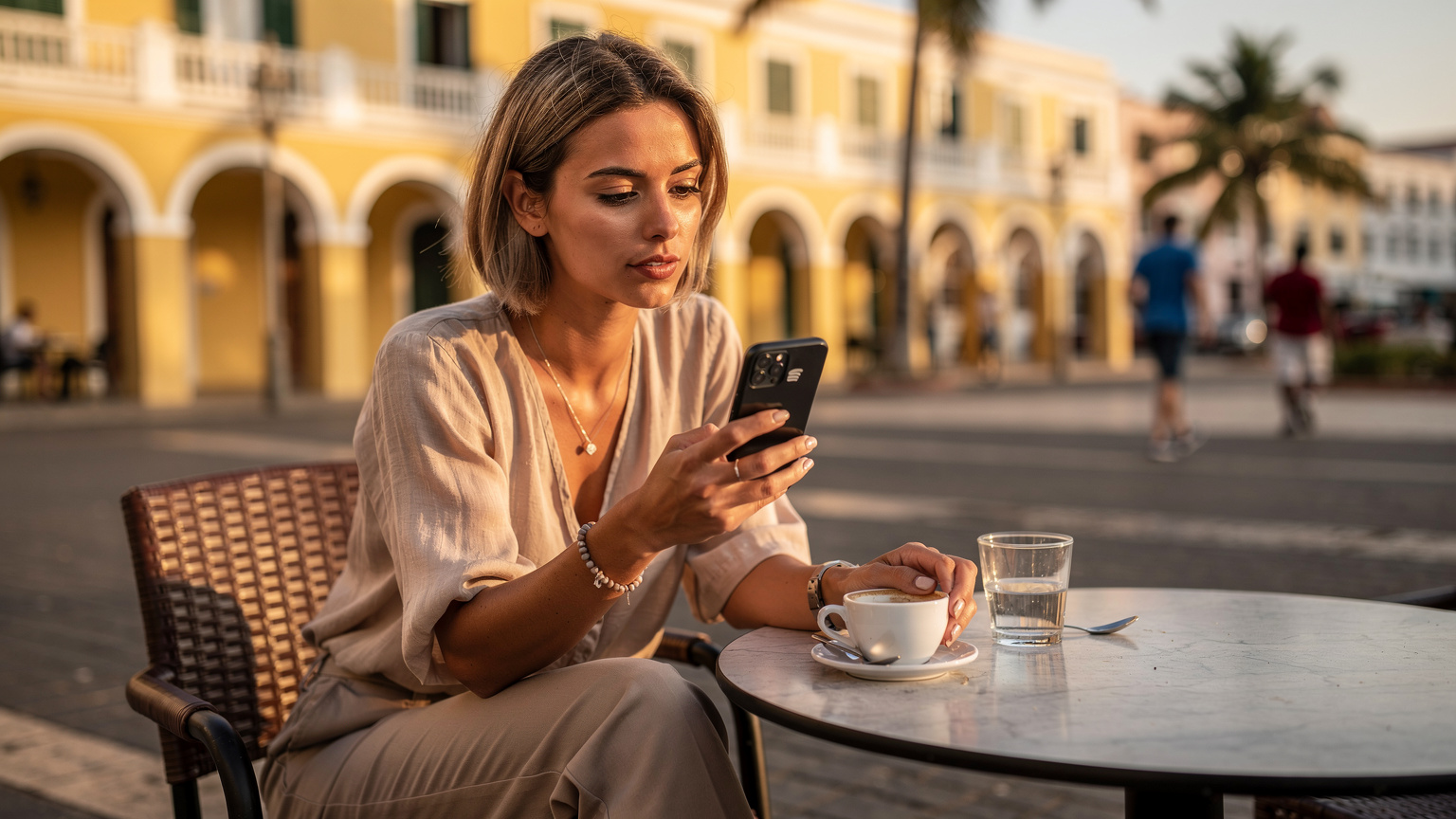 Woman in Praia cafe, focused on smartphone, Praça Alexandre Albuquerque in background, late afternoon sun.