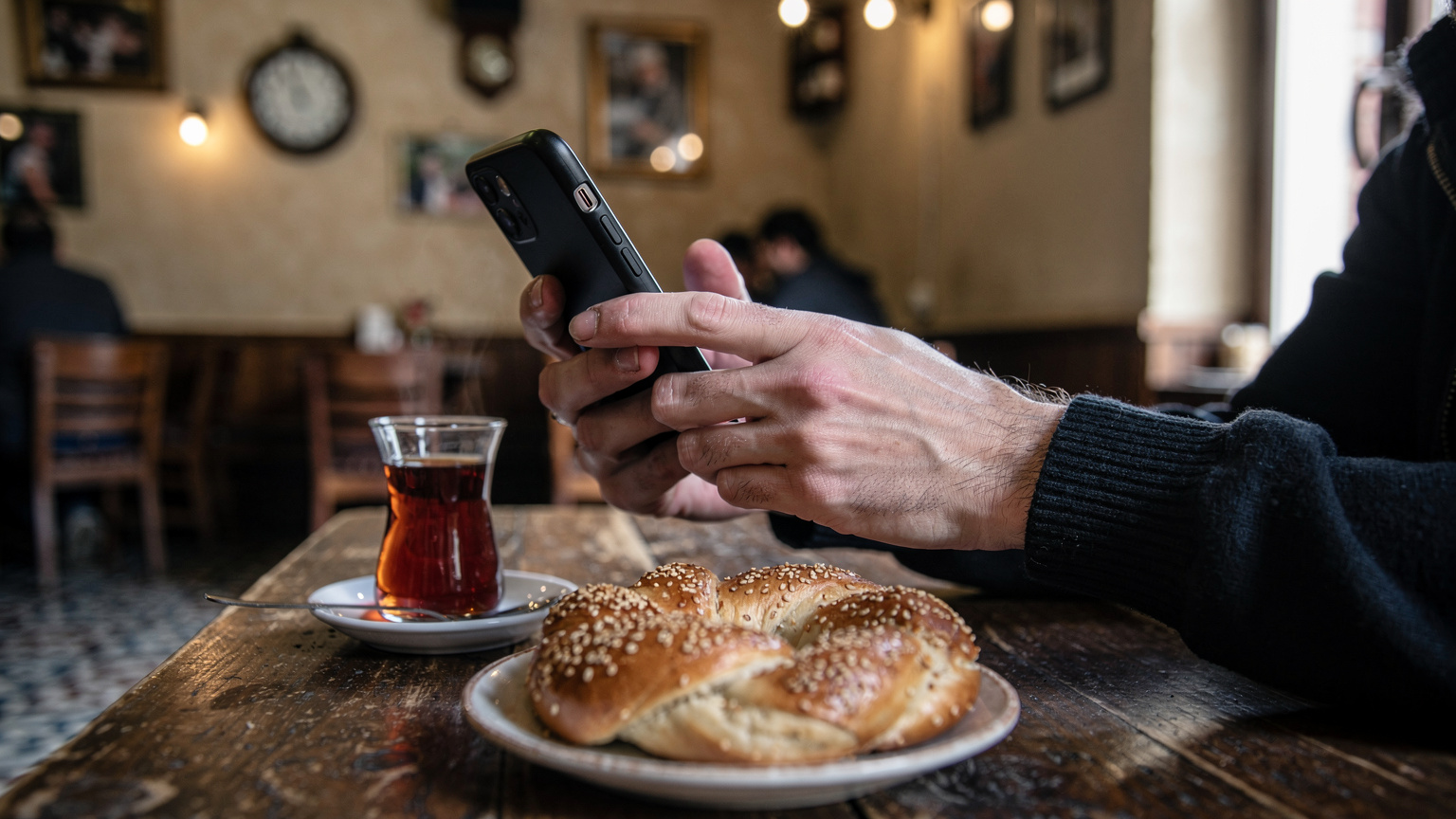 İstanbul Fatih'te, geleneksel bir Türk çay ocağında, çayını yudumlarken akıllı telefonuna odaklanmış bir kişinin yakından çekilmiş görüntüsü.