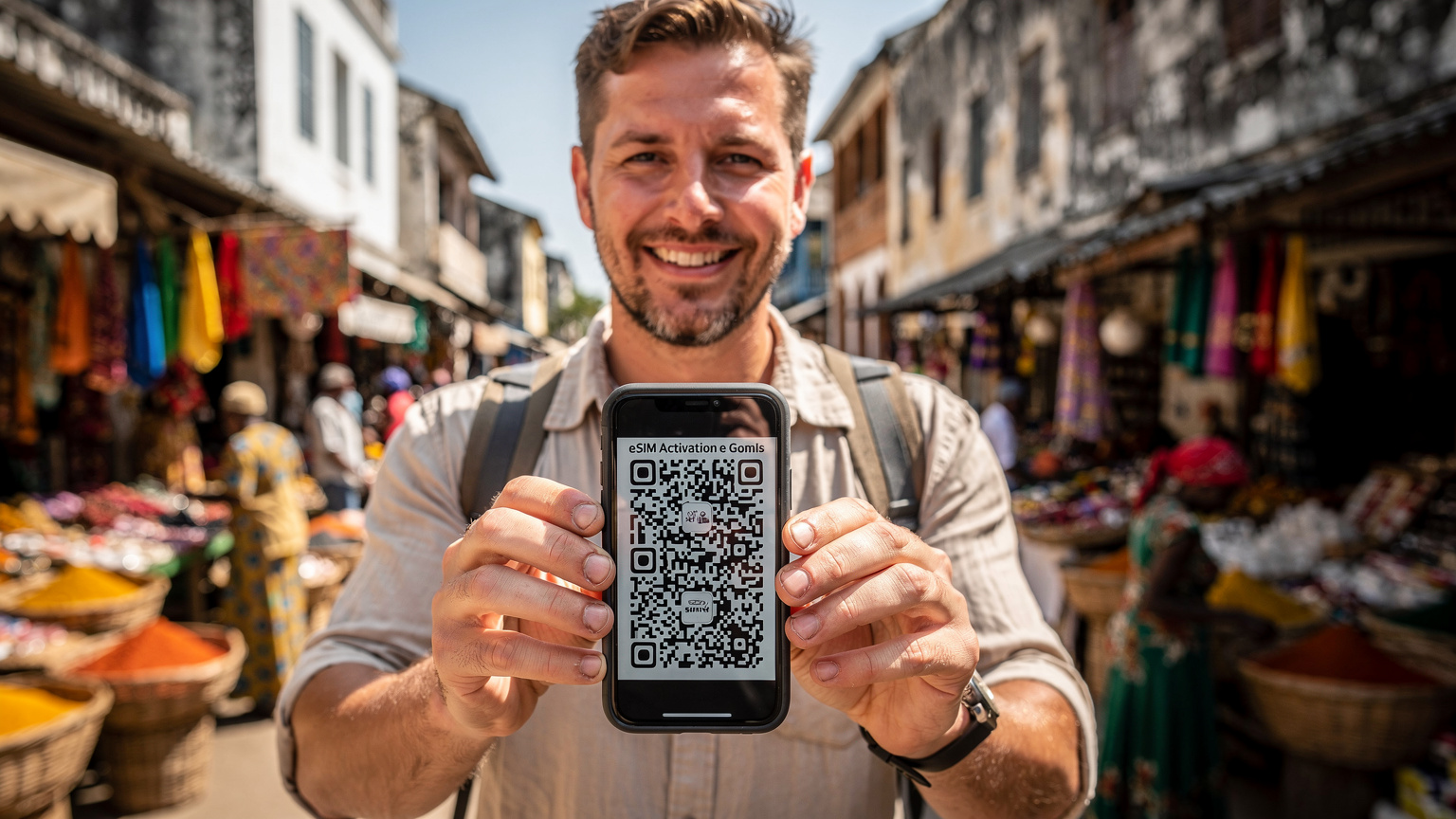 Cestovatel v Zanzibaru drží telefon s QR kódem pro eSIM v ruce, s úsměvem, v pozadí je rušný africký trh.