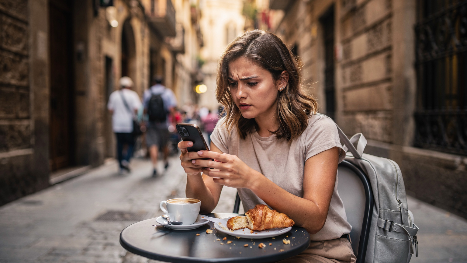 Woman with iPhone 11 at a Barcelona cafe, planning summer travel with eSIM.