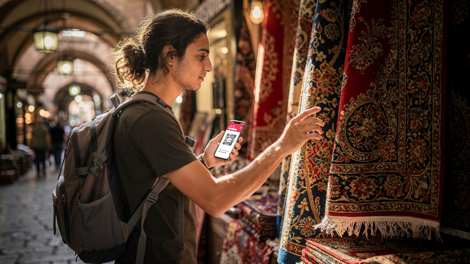 Traveler activates eSIM on phone in Istanbul's Grand Bazaar, surrounded by colorful textiles.