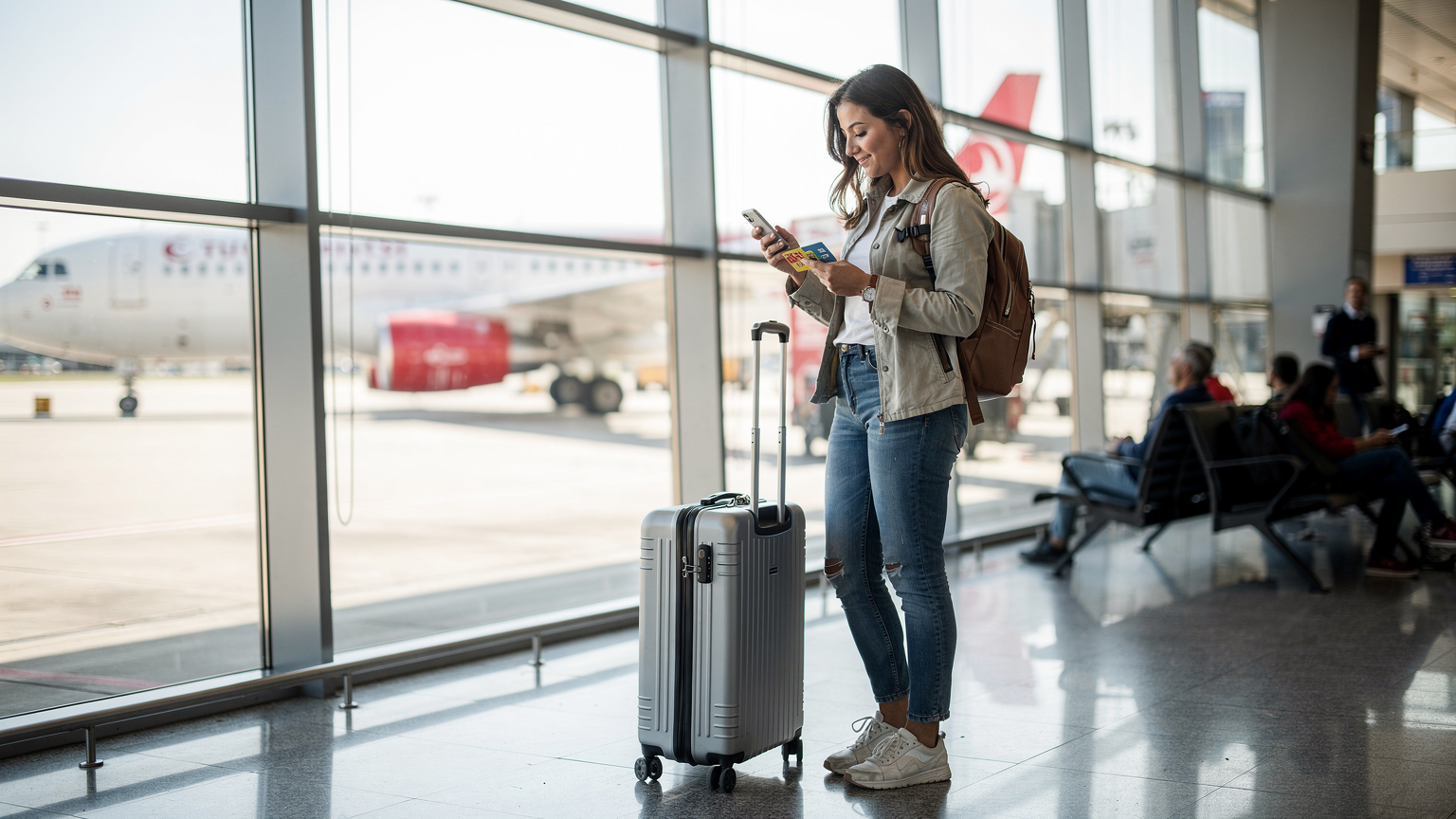 Woman at Sabiha Gökçen Airport, phone in hand, looking at eSIM, plane visible outside window.