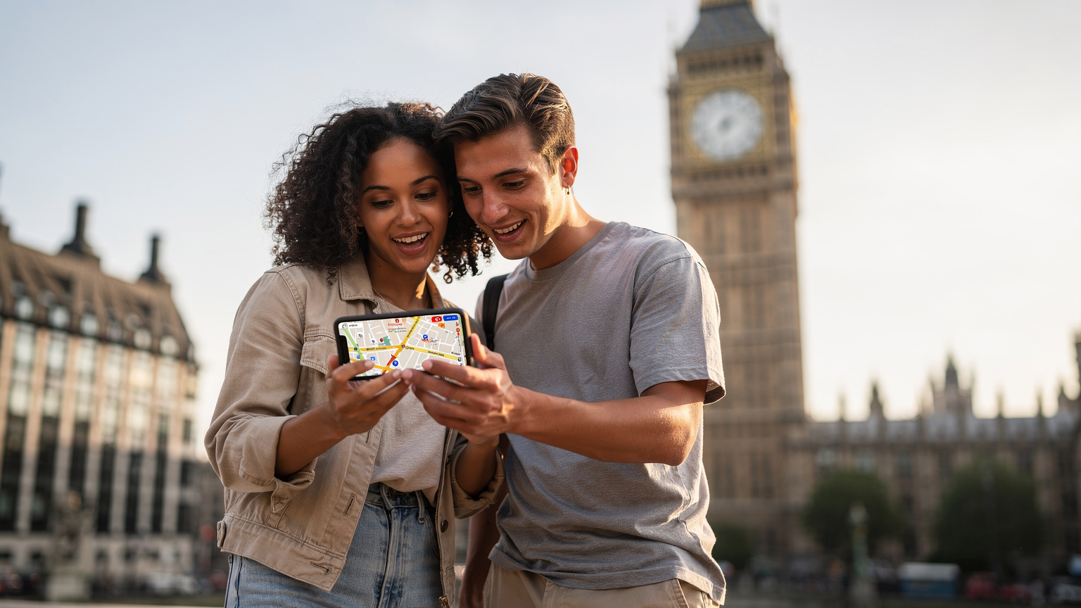 Couple with smartphone in front of Big Ben, London, suggesting seamless travel with eSIM technology.