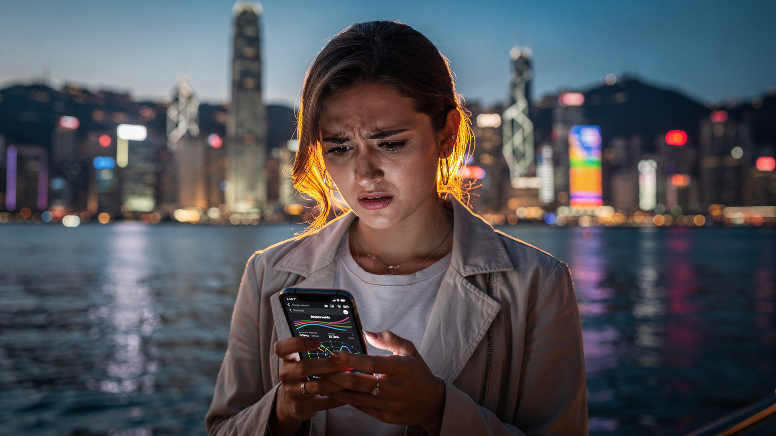 Woman in Hong Kong, phone in hand, looking at data usage with Victoria Harbour in background at dusk.