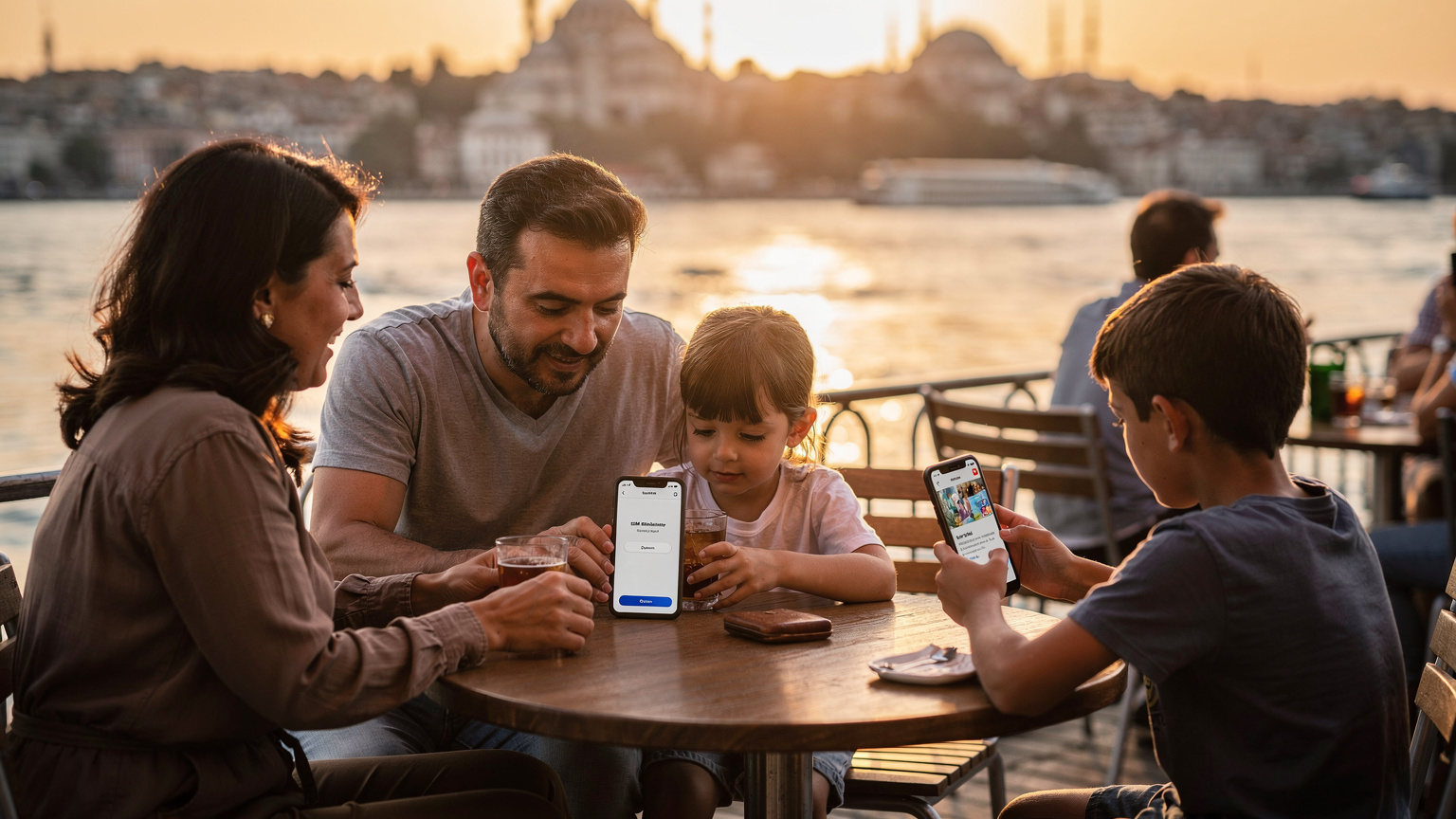 Turkish family using smartphones with eSIM for entertainment at a cafe overlooking the Bosphorus in Istanbul.