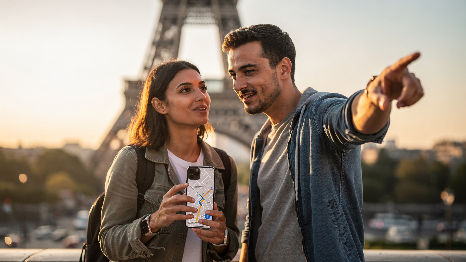 Couple using phone for navigation in front of Eiffel Tower, depicting international travel and tech.