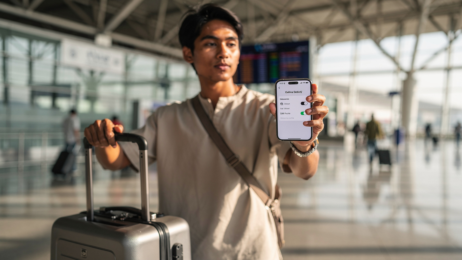 Traveler activating eSIM on smartphone at Delhi airport, avoiding high SIM card costs, 2026.