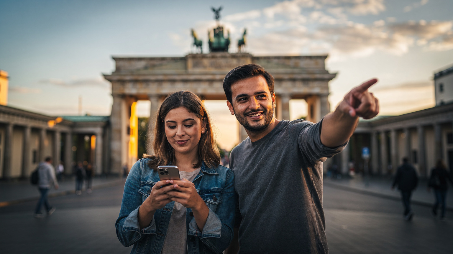 Couple using smartphone for navigation in front of Brandenburg Gate, Berlin at sunset.