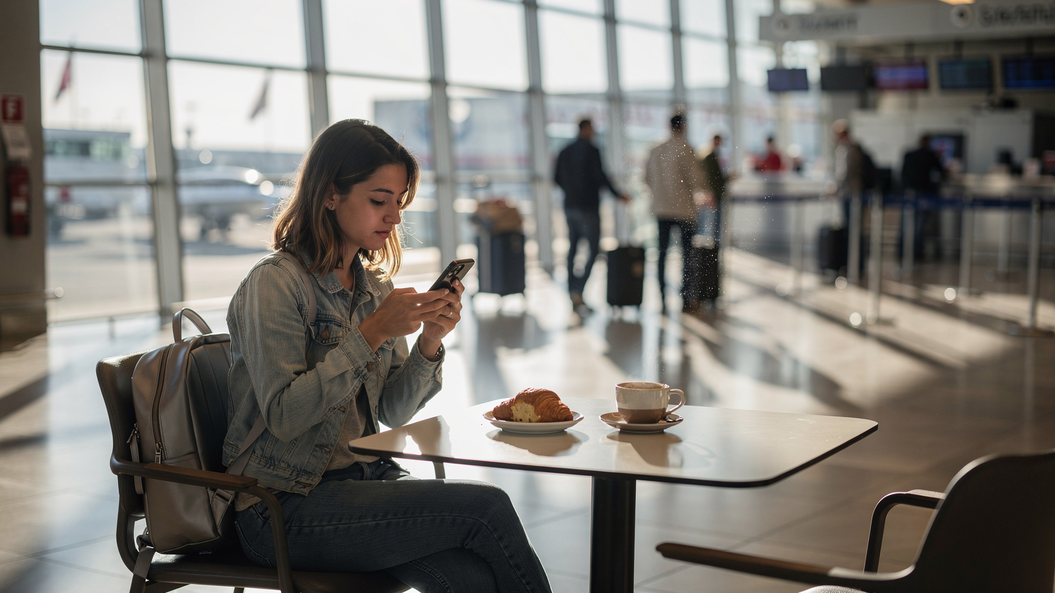 Traveler at Istanbul Airport cafe checking phone, sunlight, natural light, eSIM abroad