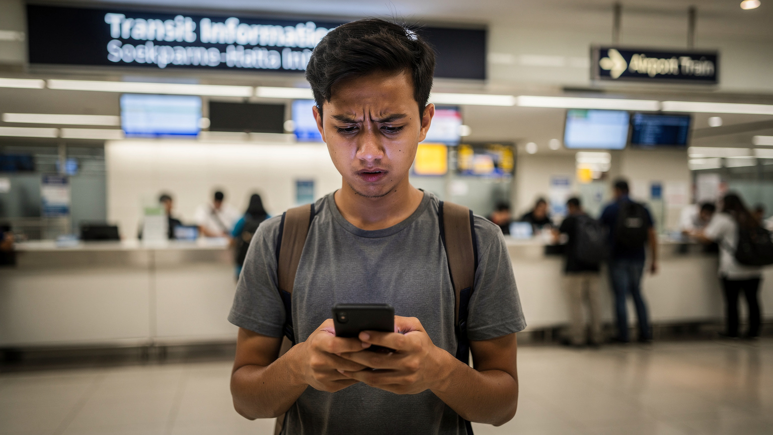 A traveller looking at their phone with a slightly confused expression, standing in front of a busy transit ticket counter at Soekarno-Hatta International Airport, Jakarta.