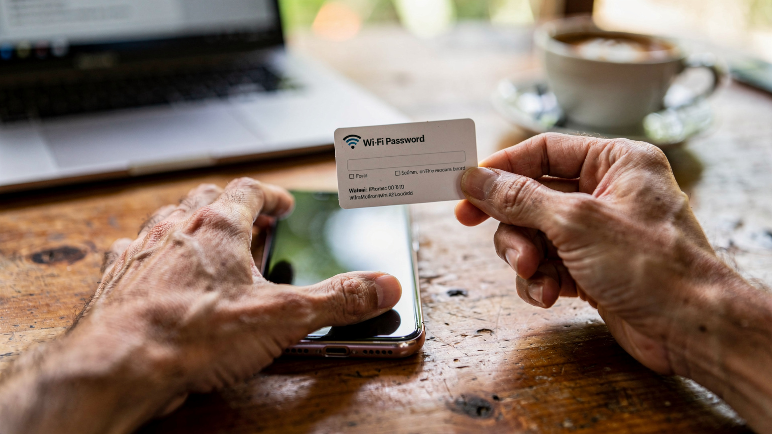 A close-up shot of human hands, one holding a smartphone with its screen face down, while the other hand is reaching for a small, laminated Wi-Fi password card at a co-working space desk in Ubud. The lighting is natural and bright from overhead windows.