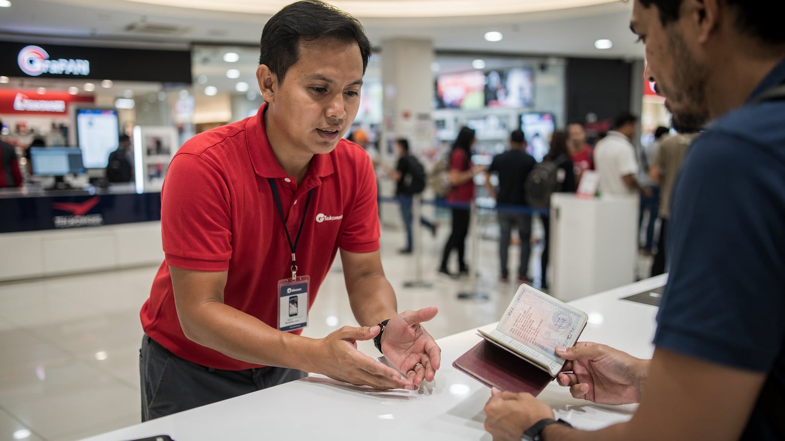 A Telkomsel GraPARI store counter in a busy Indonesian mall, with a staff member assisting a customer who is showing their passport. The lighting is bright and even, typical of an indoor retail environment.