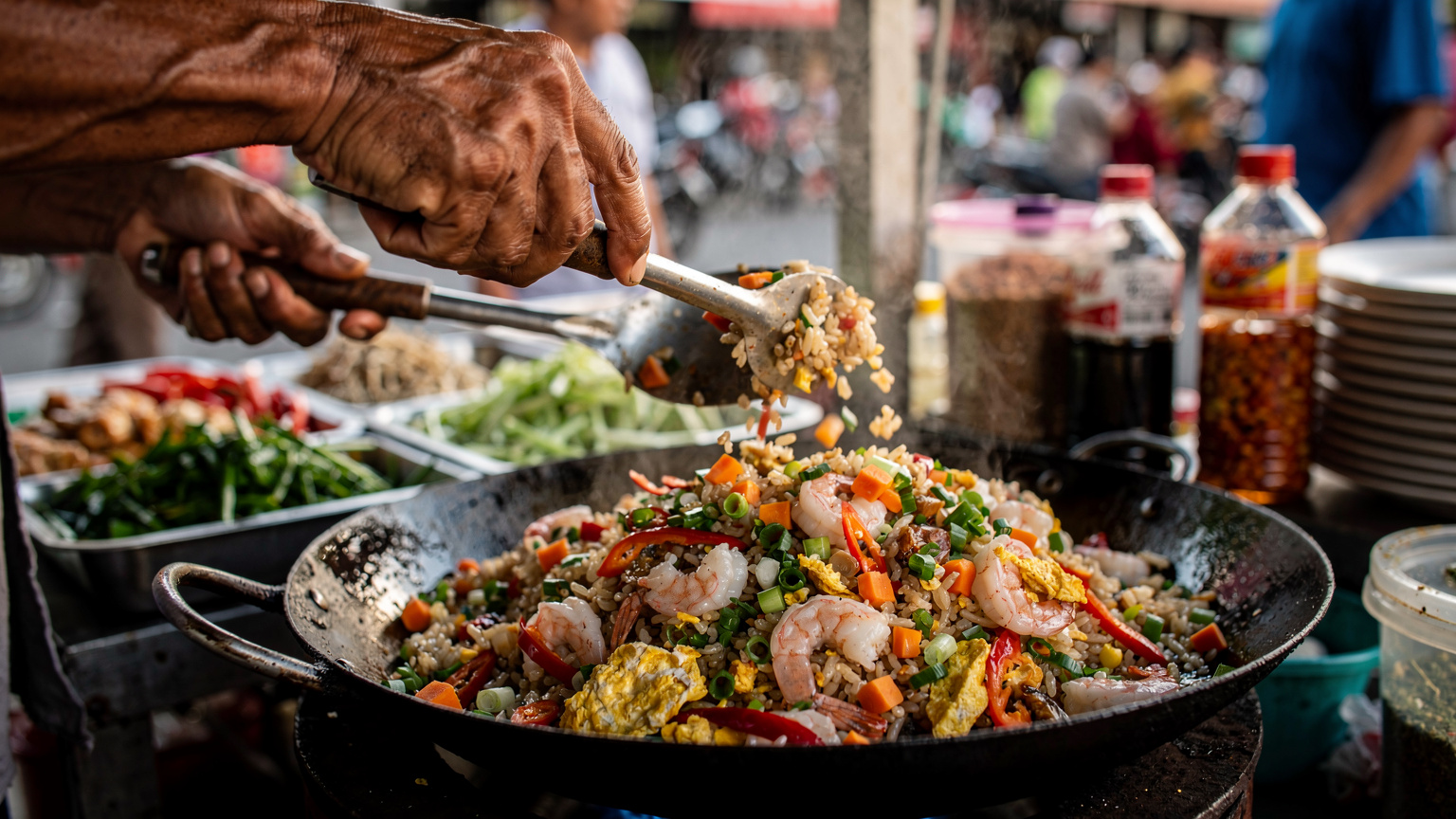 A close-up shot of a local Indonesian street food vendor's hands expertly preparing a plate of Nasi Goreng, with colourful fresh ingredients visible in the background. The scene is lit by natural late morning light, emphasizing the vibrant colours and textures of the food.