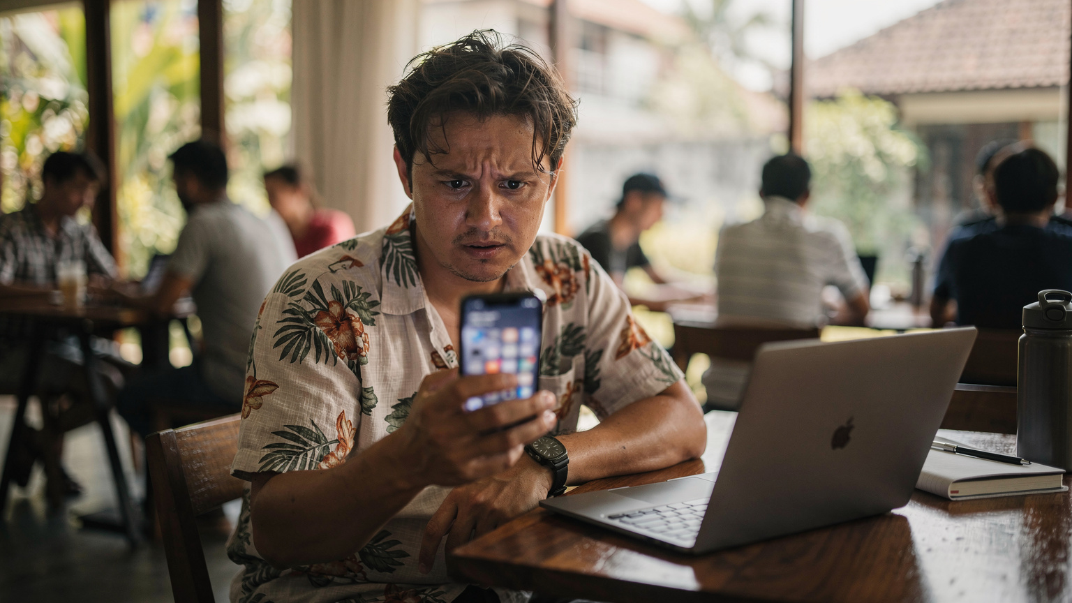 A digital nomad looking frustrated at their phone screen inside a bustling co-working space in Seminyak, Bali. The background shows other people working, with soft natural light filtering in from large windows. The phone screen is visible but blurred, conveying a sense of digital frustration.
