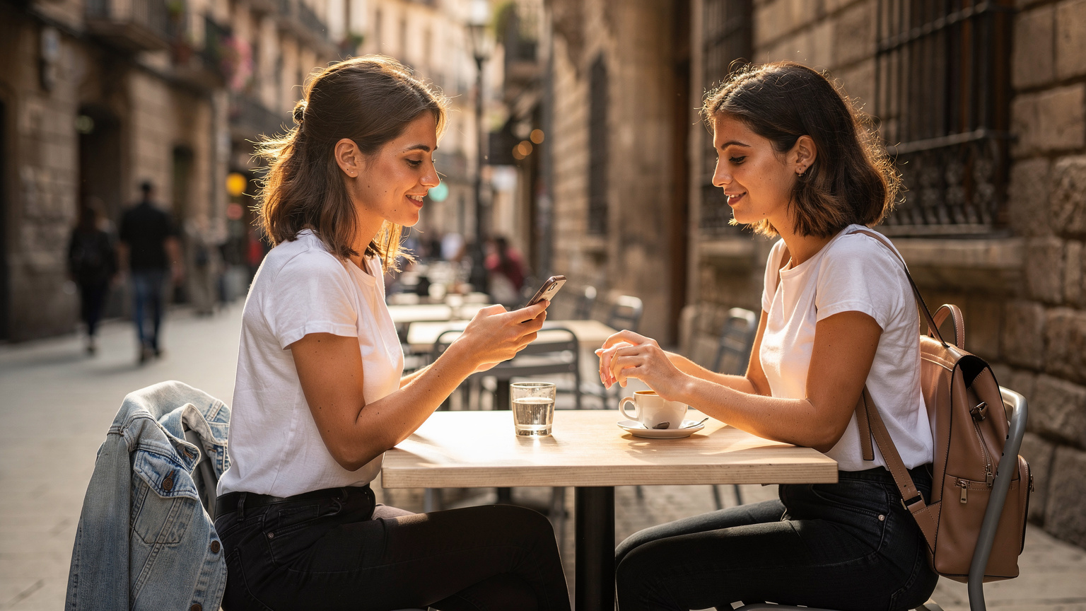 Woman in Barcelona cafe activating eSIM on phone, enjoying coffee, travel, tech, editorial