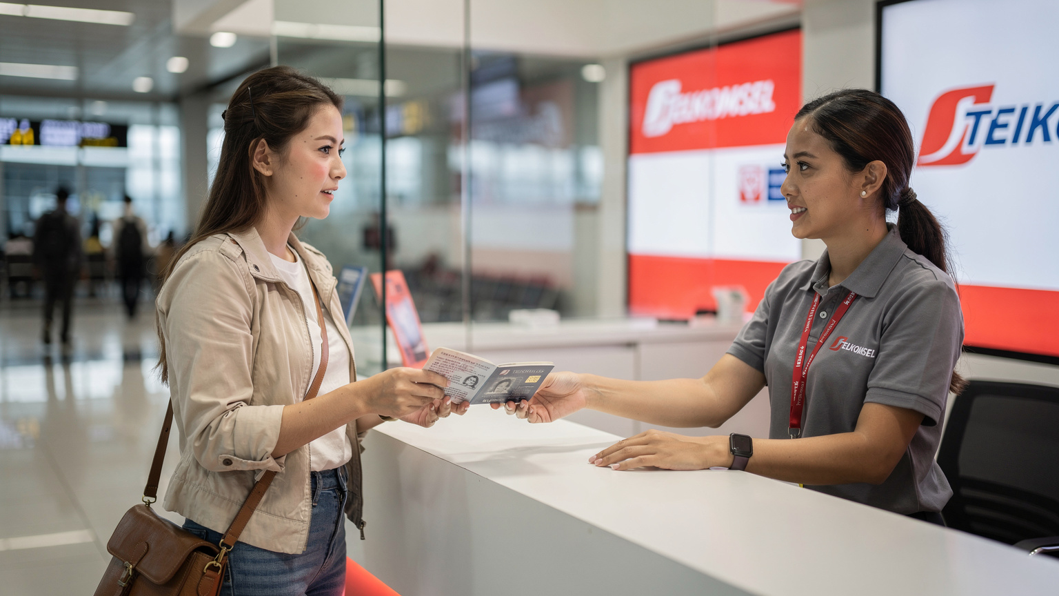 A traveler at a Telkomsel kiosk in Denpasar airport, showing their passport to the staff for SIM card registration.