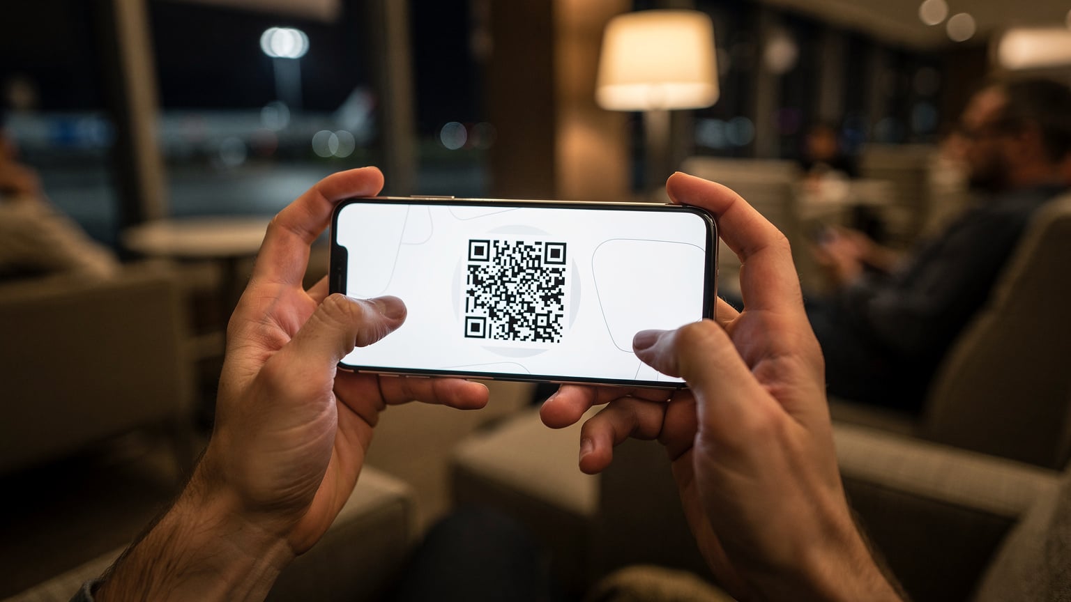 A person's hands holding a smartphone, with the screen displaying the eSIM installation prompt for a QR code scan, against a blurry background of a travel lounge.