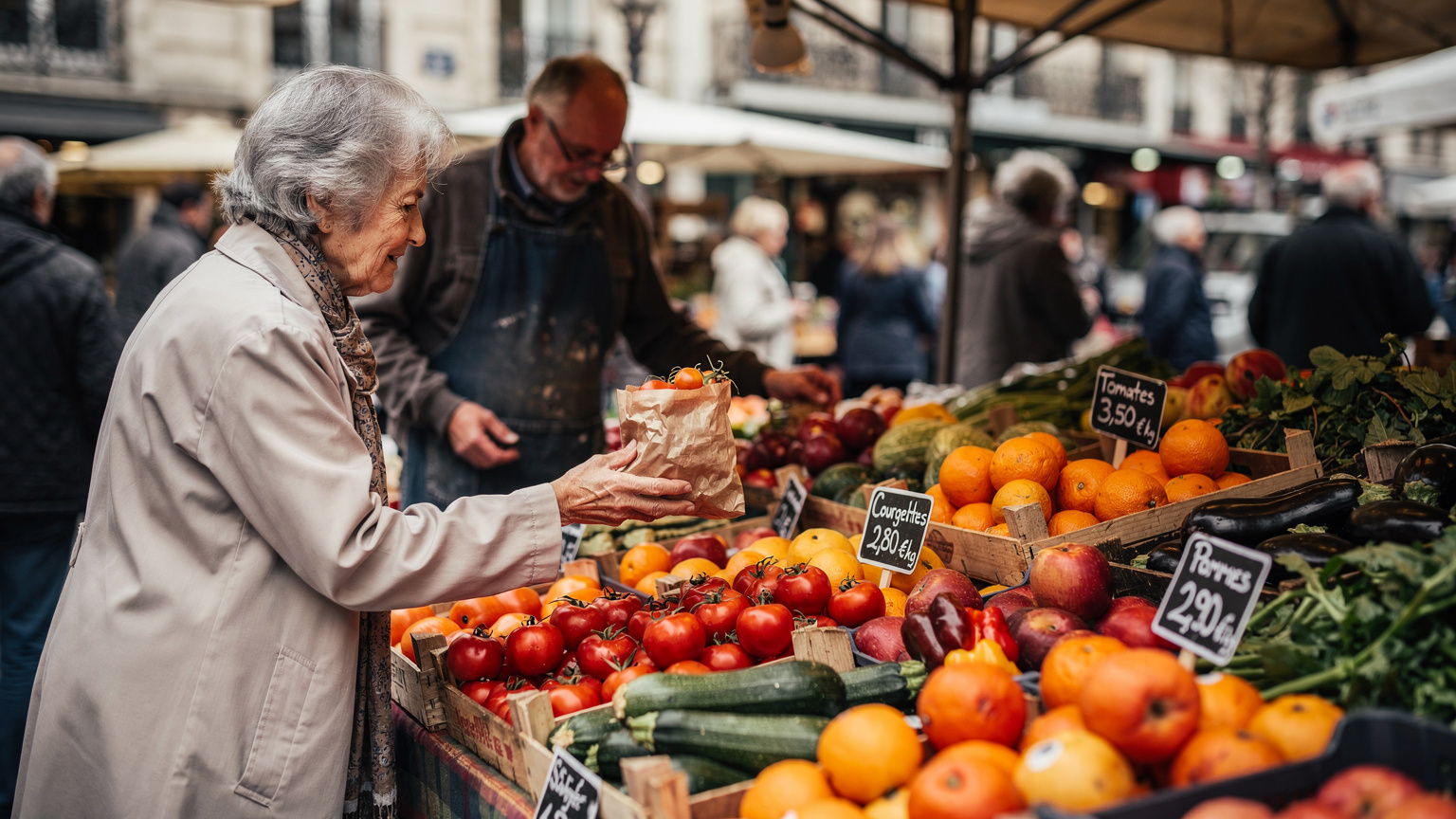 Barraca de mercado no Marché de Belleville com frutas e legumes frescos, vendedor a sorrir para uma cliente, manhã de sábado.