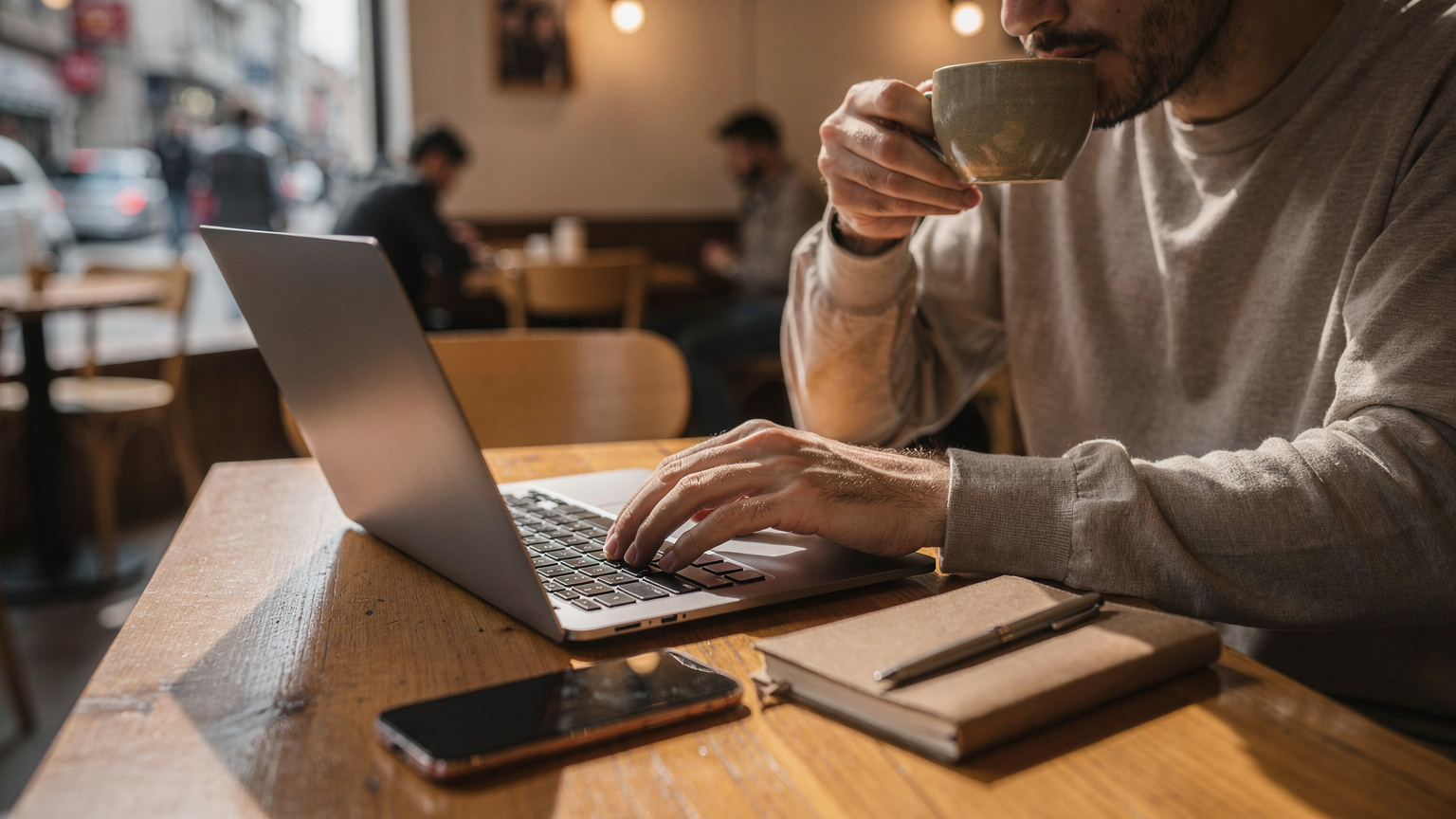 İstanbul'da bir kafede, kahvesini yudumlarken dizüstü bilgisayarında çalışan bir dijital göçebe. Masasında bir telefon ve not defteri de duruyor. Pencereden dışarısı flu bir şekilde görünüyor.