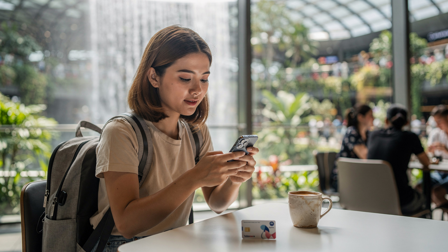 Woman activating eSIM on phone in airport cafe, Jewel Changi Rain Vortex visible in background.