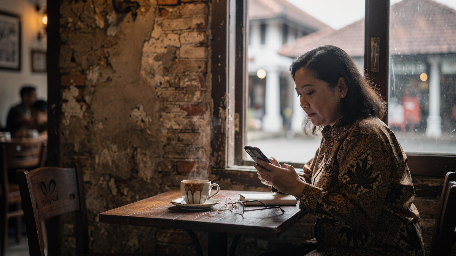 Seorang ibu di kedai kopi kawasan Kota Tua Jakarta menatap ponselnya sambil menunggu pesanan, latar bangunan kolonial Belanda